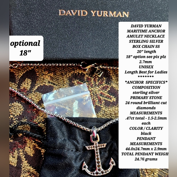 DAVID YURMAN SS Anchor AMULET Black Diamonds 2.7mm Box Chain 20"  Necklace NIB - Picture 10 of 16